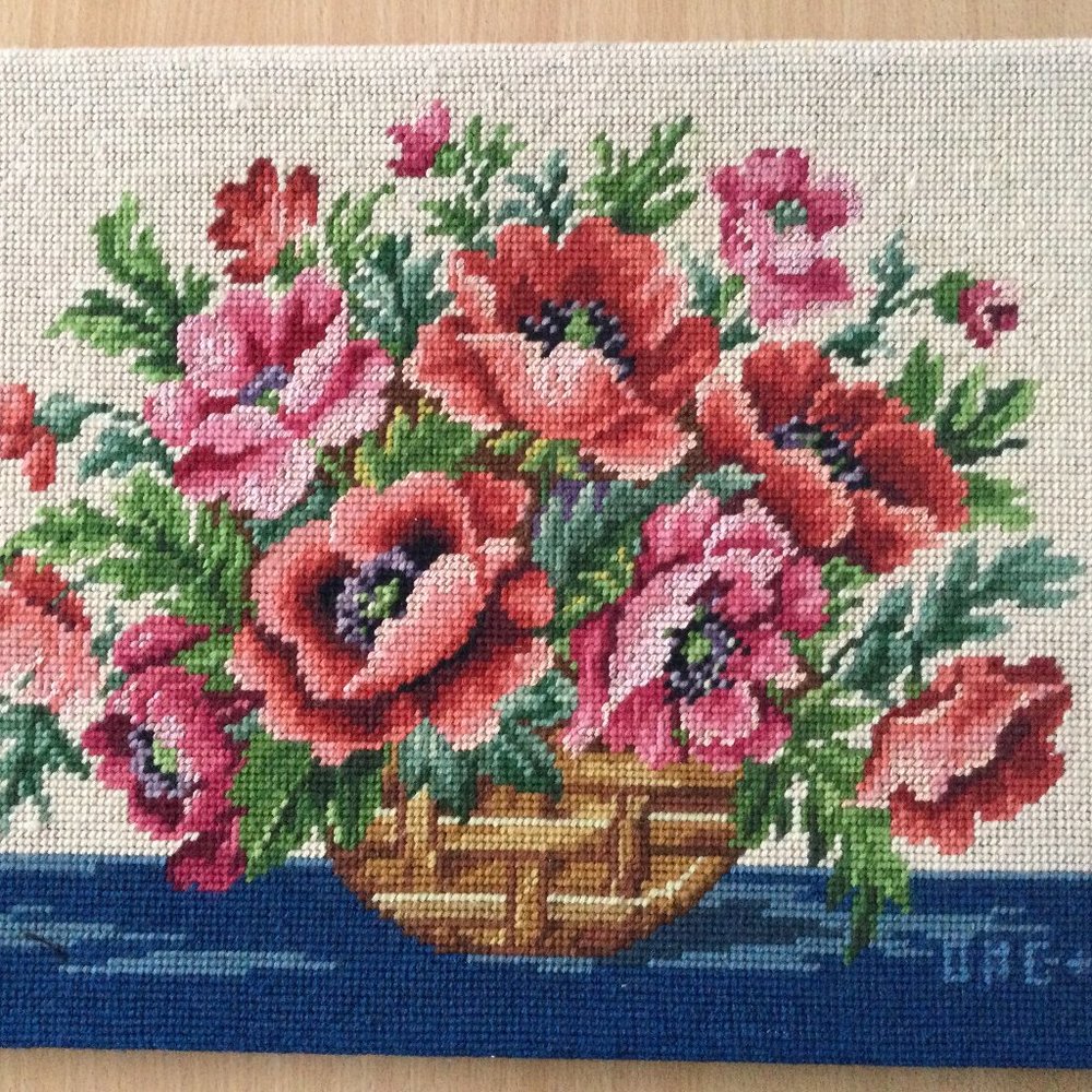 Vintage hand embroidery needlework yarn art wall hanging red flowers Brown vase